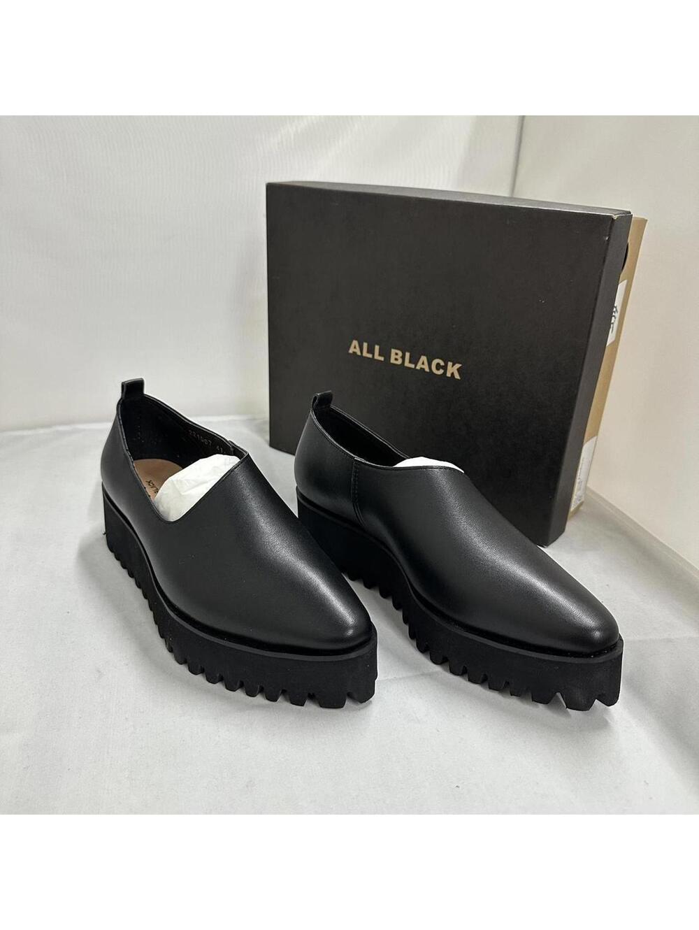 ALL BLACK Side Scoop Black Leather Platform Slip-On Shoes